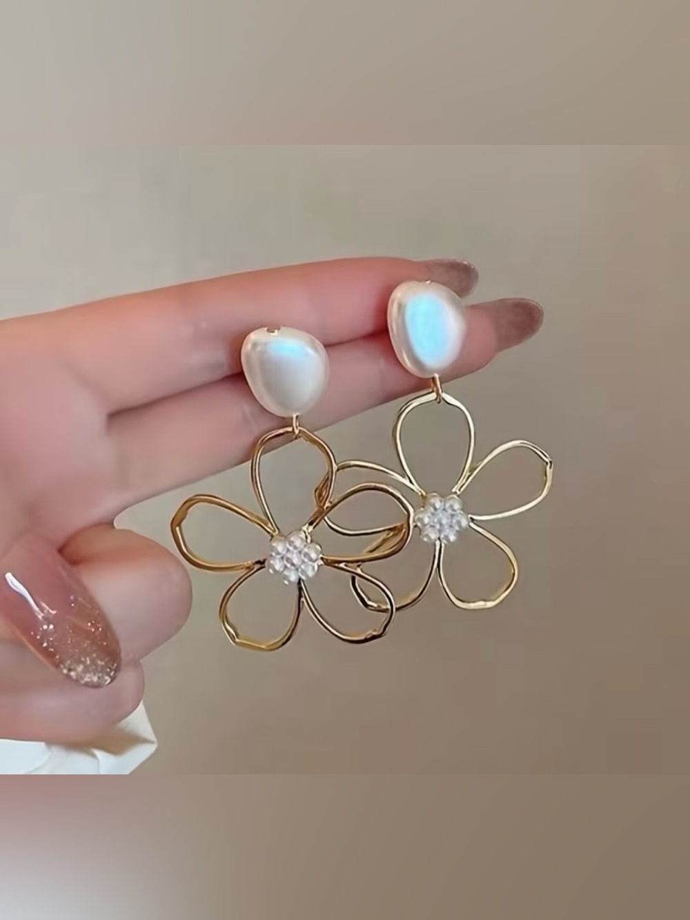 Gold Flower Drop Earrings with Pearl Accent - Elegant Women’s Jewelry